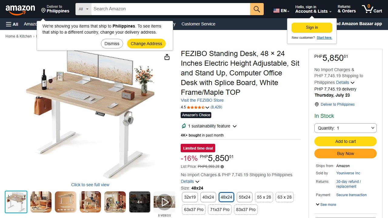 FEZIBO 48x24 Electric Standing Desk on Amazon