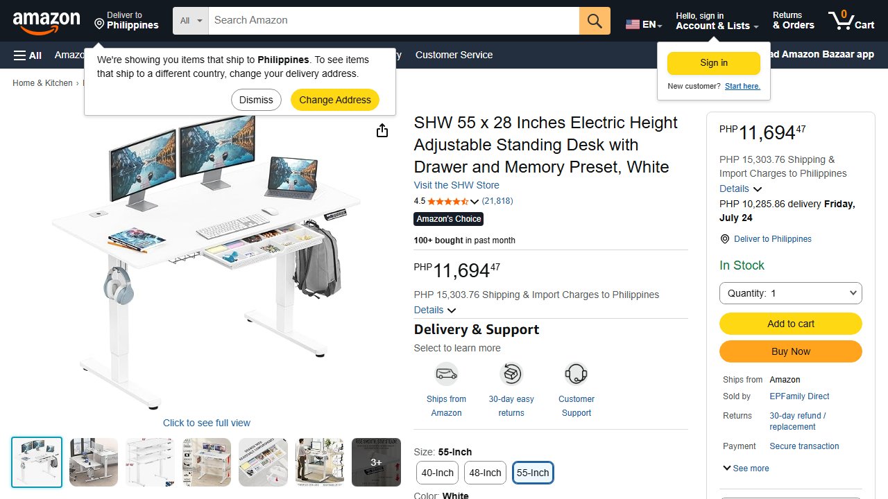 SHW 55x28 Electric Standing Desk on Amazon